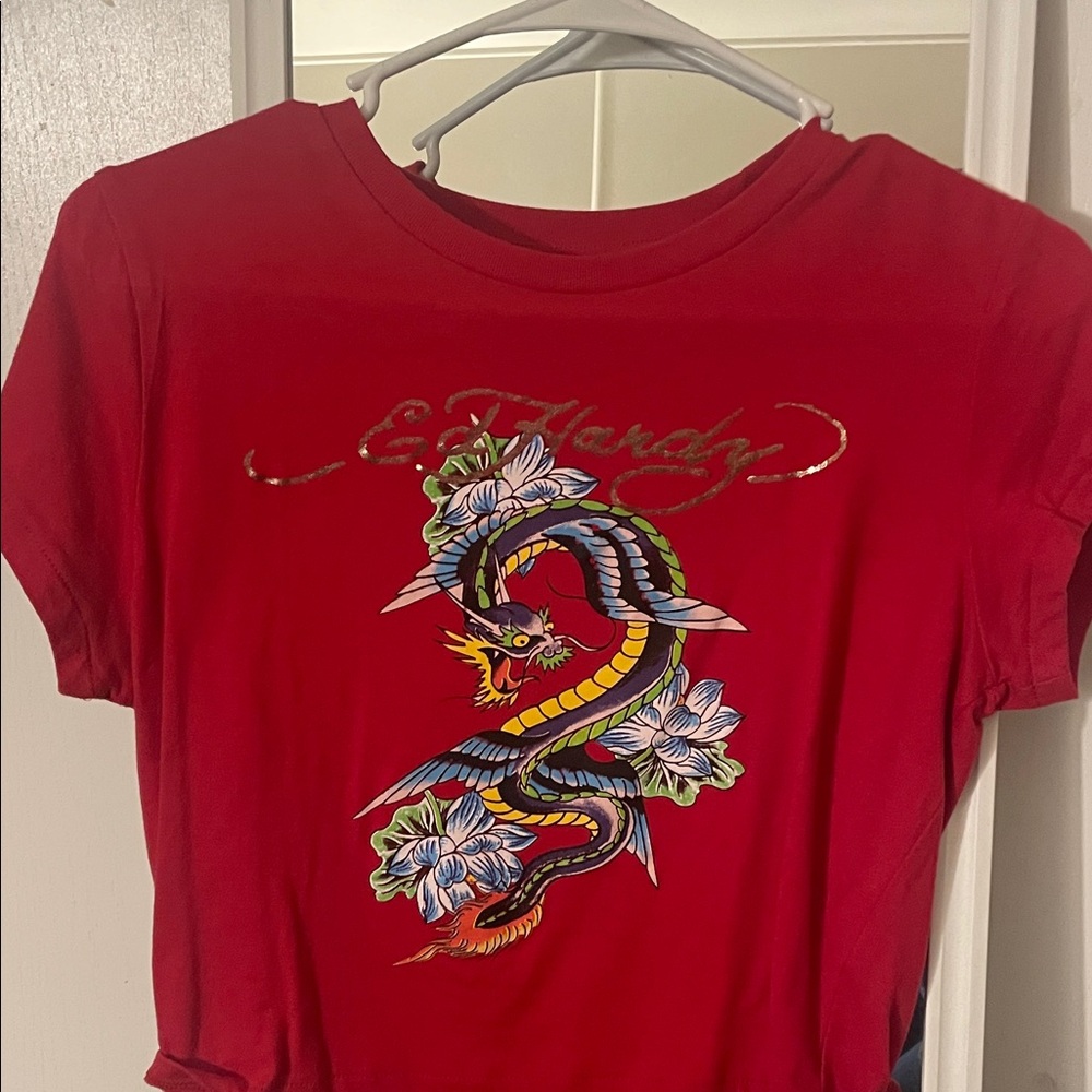 Ed Hardy Red Metallic Logo Dragon Graphic Tee